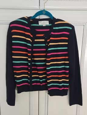 St. John Navy Striped Crewneck Cardigan with Bright Multicolor Bands